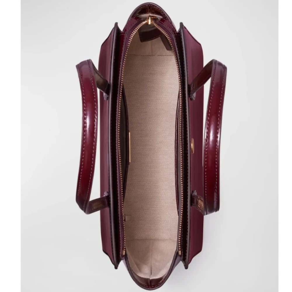 NWT $448 Tory Burch Robinson Small Shiny Leather Tote Bag in Beetle Berry!